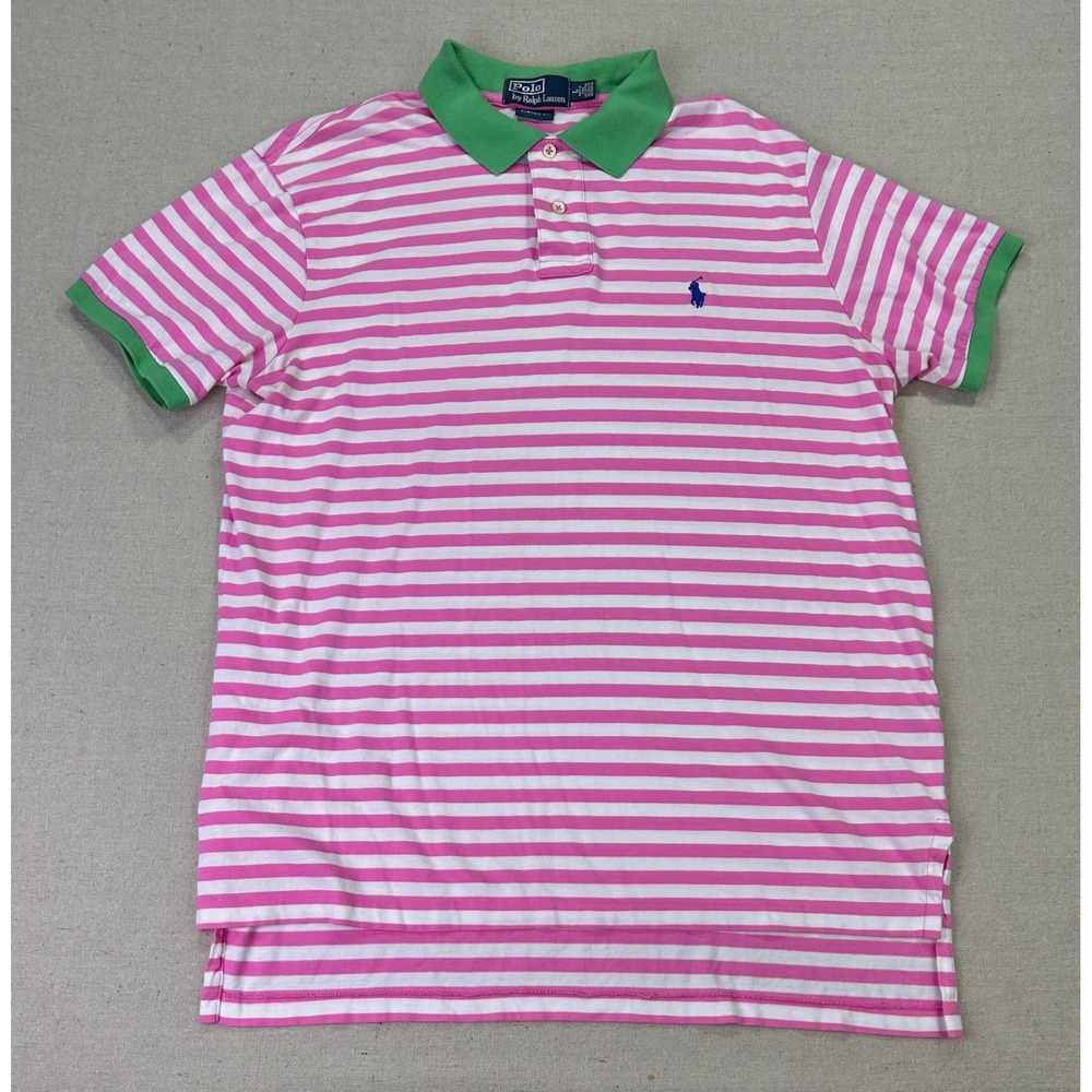 Polo Ralph Lauren Men's L Custom Fit Pink White Striped Green Collar Polo Shirt